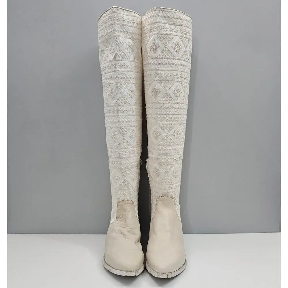 Free People Bren Knee High Boot Womens EU 37 Cream Embroidered Boho Slouchy NEW